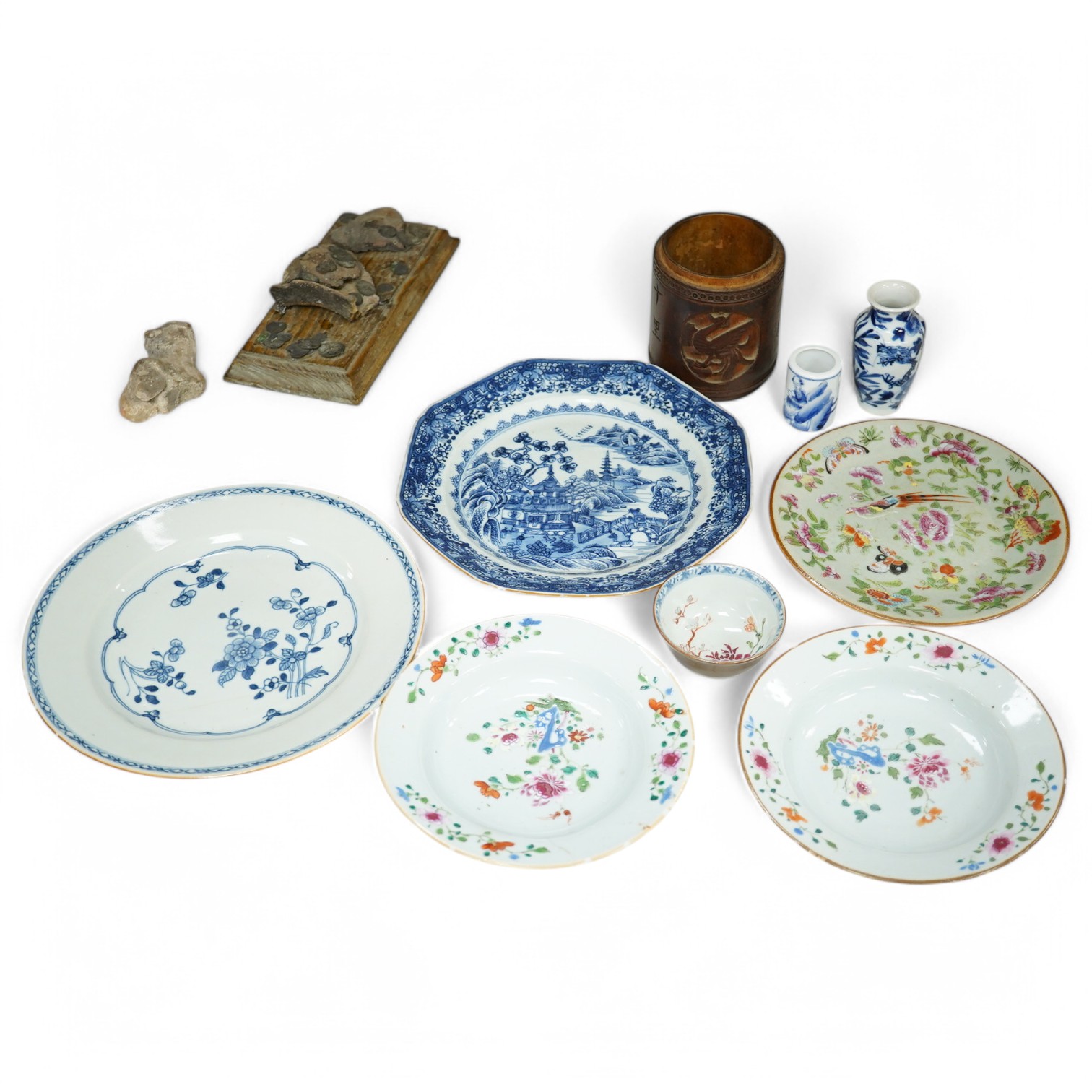 Nine items of mixed 18th century and later Chinese ceramics etc., largest plate 22.5cm diameter. Condition - minor chips to plate and bowl edges